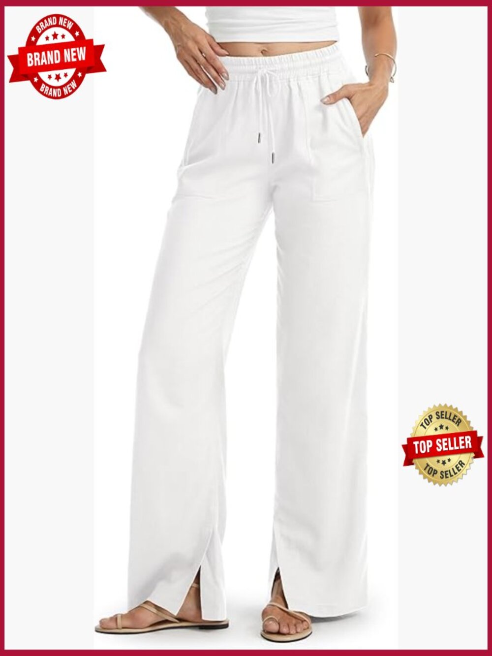 Linen Pants Wide Leg Side Slit Palazzo 32/34/36 Inseam Pockets - Picture 1 of 7